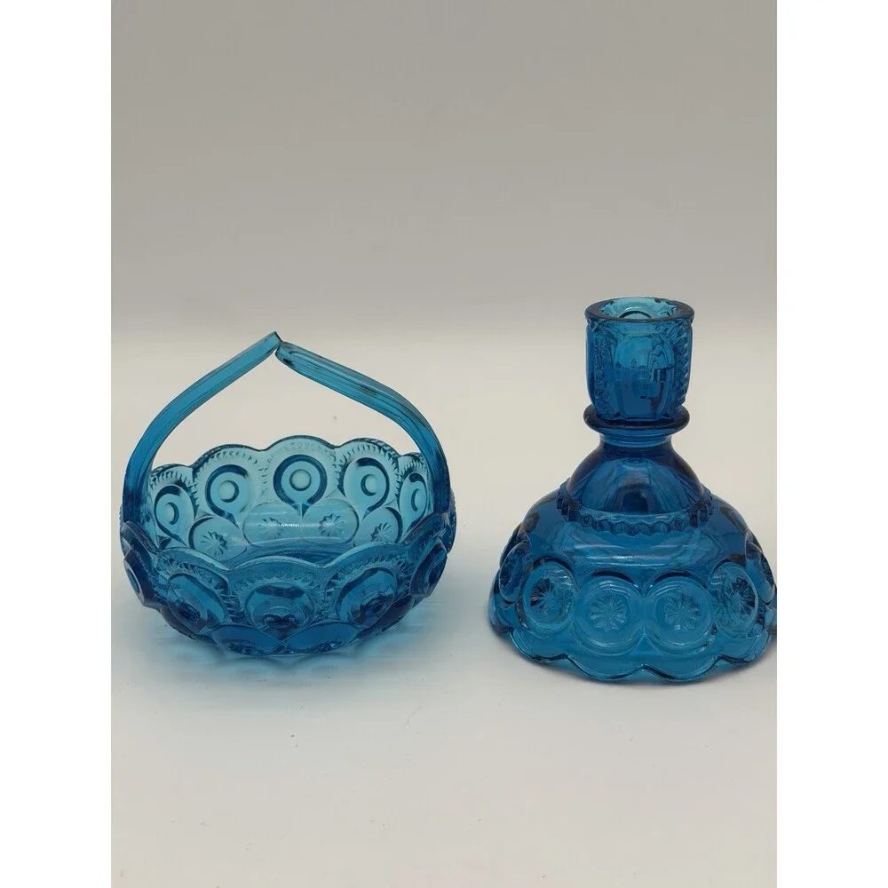 MCM LE Smith Moon & Stars Art glass basket & Candleholder colonial blue Set